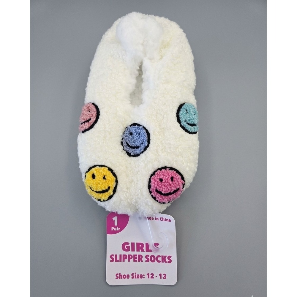 Girls Slipper Socks Size 12-13 White Plush Embroidered Smiley Pull-On Comfort